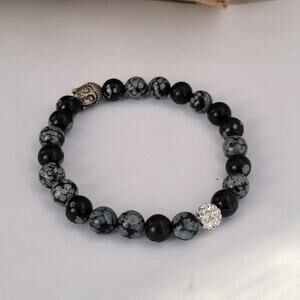 Vintage snowflake obsidian Buddha bracelet rhinestone accent stretch